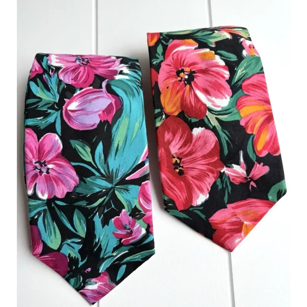 Vintage Rooster Tropical Floral Cotton Tie Lot of 2 USA 100% Cotton 54.5